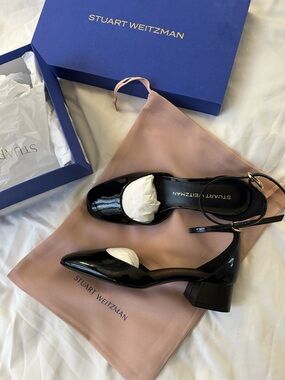 Stuart Weitzman Black Patent Low Block Heel Sandals with Ankle Strap